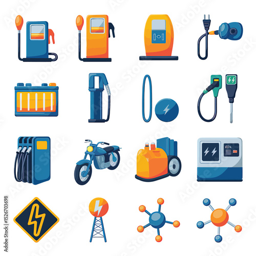 vector icons to vehicle fueling and charging a gasoline pump, an electric vehicle plug hydrogen mole