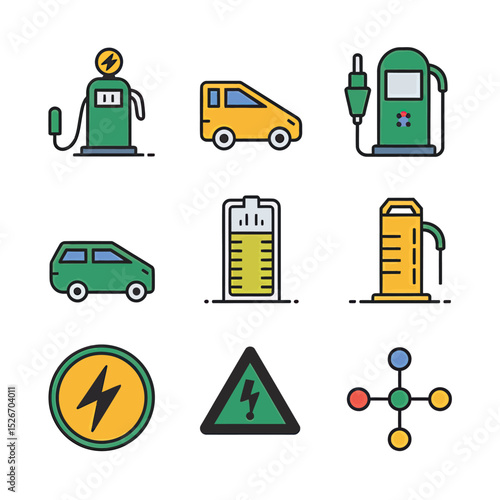 vector icons to vehicle fueling and charging a gasoline pump, an electric vehicle plug hydrogen mole
