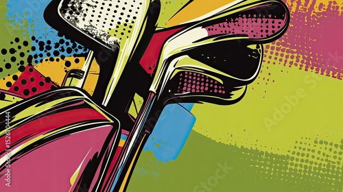 Vibrant golf clubs in a bag, pop art style