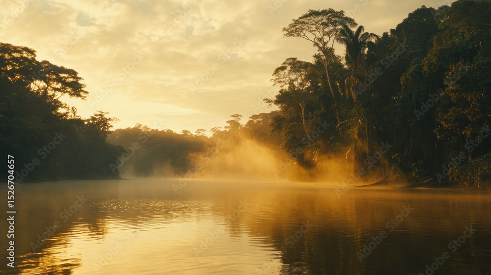 Fototapeta premium A serene morning landscape of a river with fog and trees