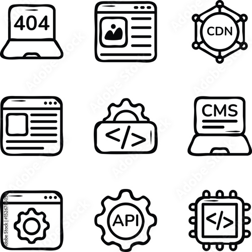 Set Of Web Development and Web Services Doodle Icons and Illustration Pack