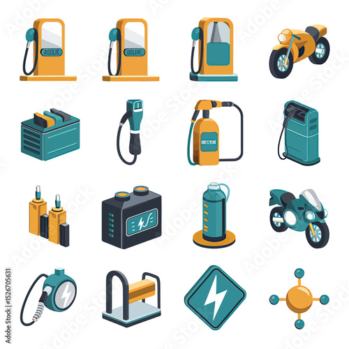 vector icons to vehicle fueling and charging a gasoline pump, an electric vehicle plug hydrogen mole