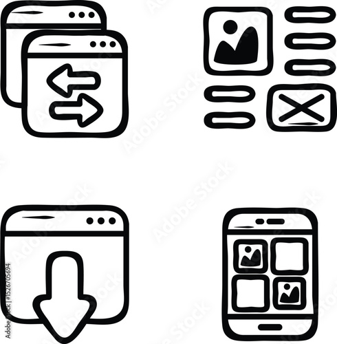 Set Of Web Development and Web Services Doodle Icons and Illustration Pack