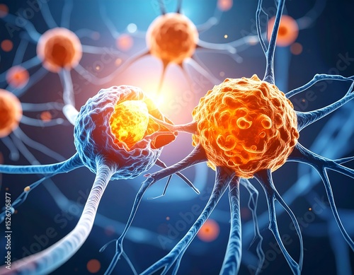 Microscopic view of neurons and a cancerous cell