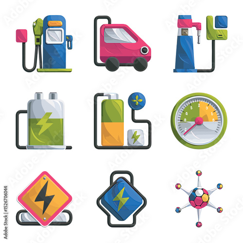 vector icons to vehicle fueling and charging a gasoline pump, an electric vehicle plug hydrogen mole