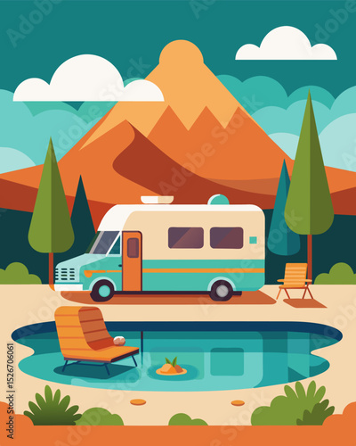 The RV is parked at a luxury campground complete with a swimming pool hot tub and gourmet dining options. The freelancer inside takes advantage of these amenities during breaks. Vector illustration