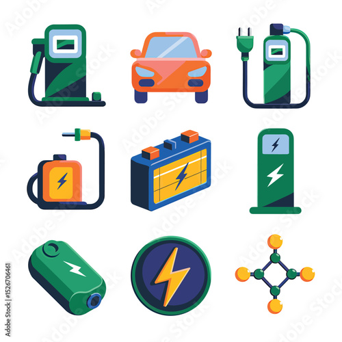 vector icons to vehicle fueling and charging a gasoline pump, an electric vehicle plug hydrogen mole
