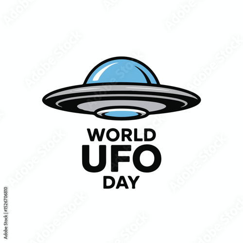 World ufo day illustration featuring a flying saucer and typography on a white background