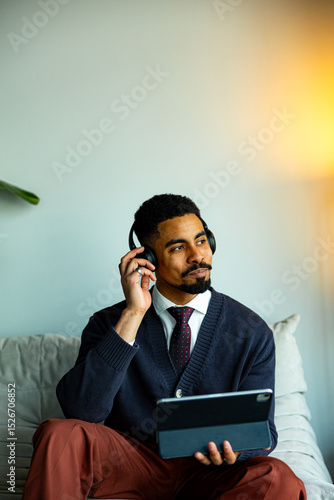 Canvas Print Young businessman wearing headphones and holding tablet is listening to music wh