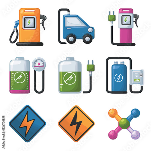 vector icons to vehicle fueling and charging a gasoline pump, an electric vehicle plug hydrogen mole