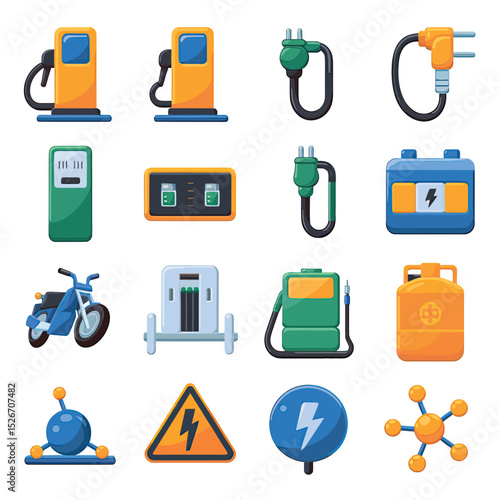 vector icons to vehicle fueling and charging a gasoline pump, an electric vehicle plug hydrogen mole