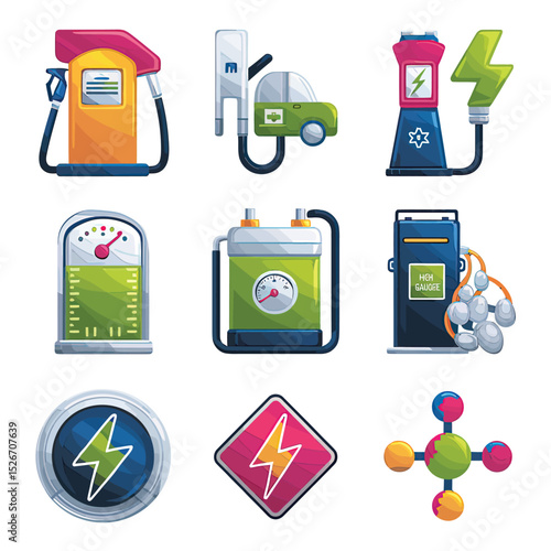 vector icons to vehicle fueling and charging a gasoline pump, an electric vehicle plug hydrogen mole