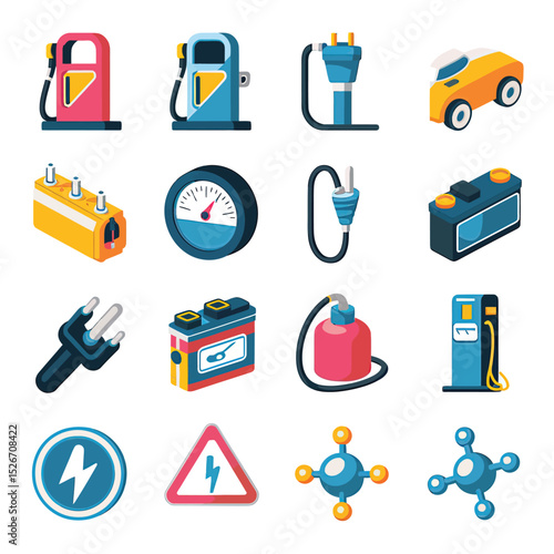 vector icons to vehicle fueling and charging a gasoline pump, an electric vehicle plug hydrogen mole