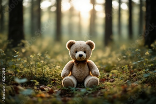 Vintage bear animal surrounded by forest greenery, sunlight filtering through trees. Concept of vintage bear evokes warmth, tranquility, and serenity in nature.