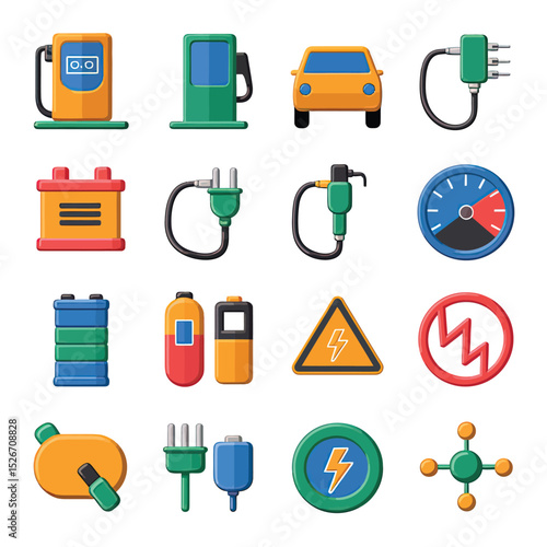 vector icons to vehicle fueling and charging a gasoline pump, an electric vehicle plug hydrogen mole