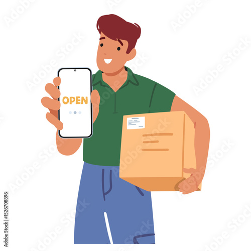 Man carrying cardboard parcel box showing smartphone white screen with open text cartoon scene