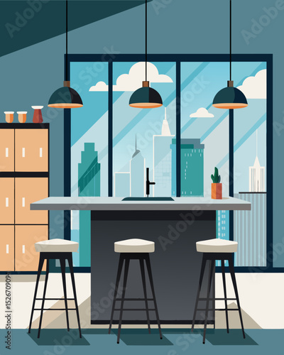 The lofts kitchen island with its marble countertops and sleek black stools was the perfect space for the freelancer to enjoy a quick lunch break while taking in the city view.. Vector illustration