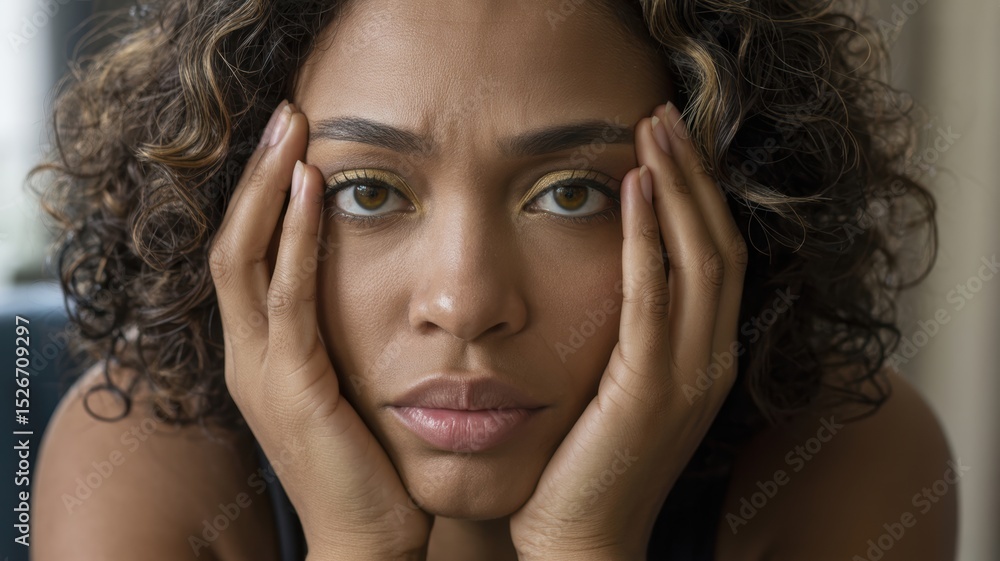 Obraz premium Pensive young african female with curly hair contemplating indoors