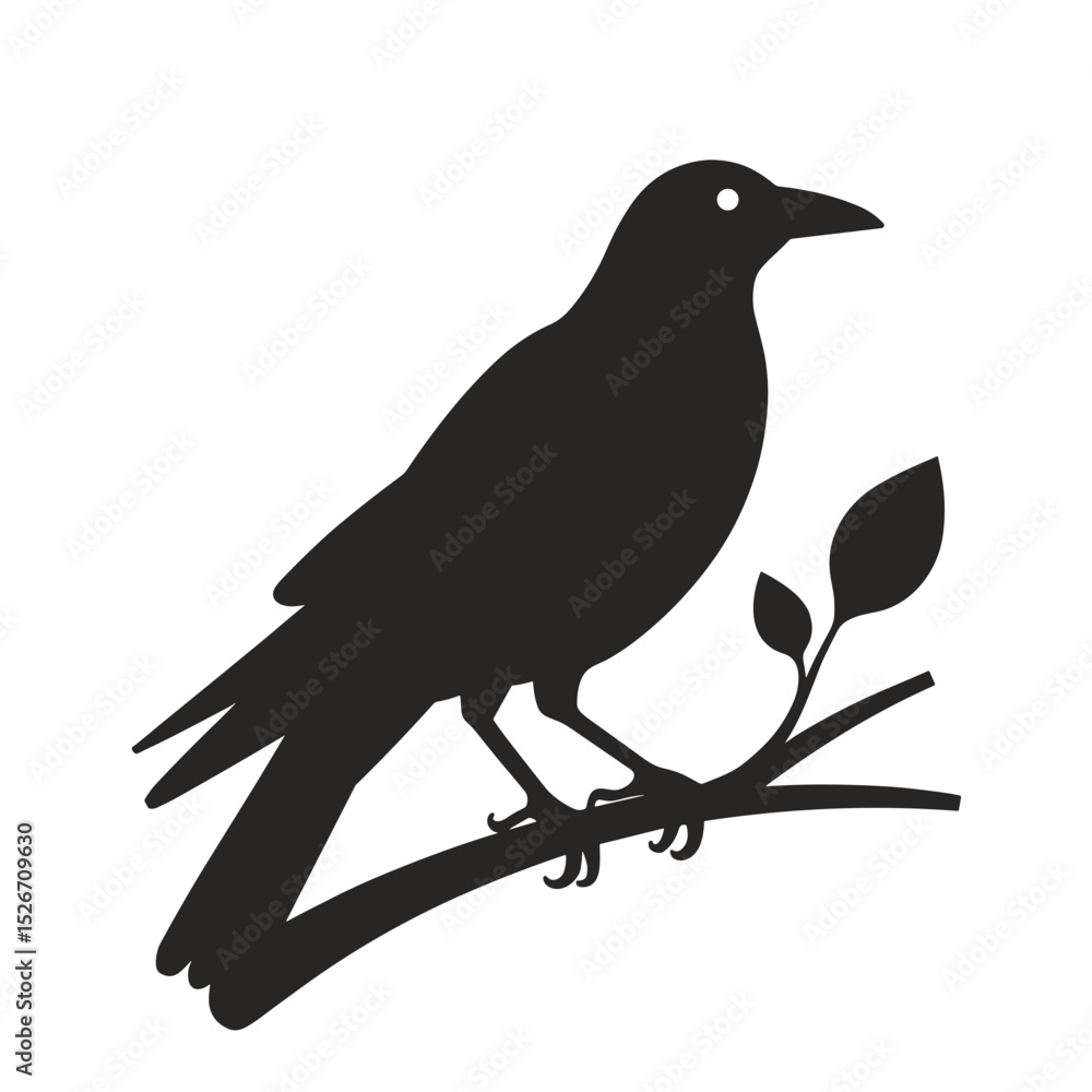 Obraz premium Silhouette of a perched raven with leaves, for nature blogs