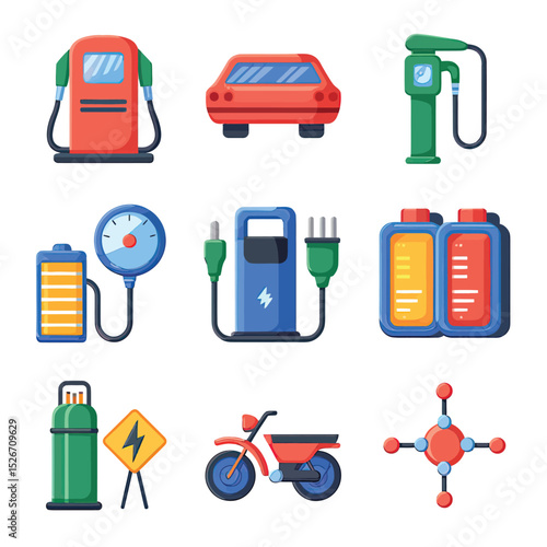 vector icons to vehicle fueling and charging a gasoline pump, an electric vehicle plug hydrogen mole