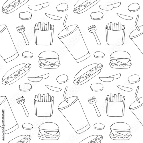Fast food seamless pattern hand drawing, doodles, vector illustration