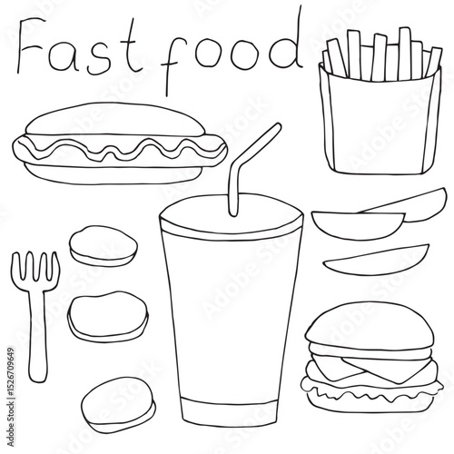 Fast food set hand drawing, doodles, vector illustration