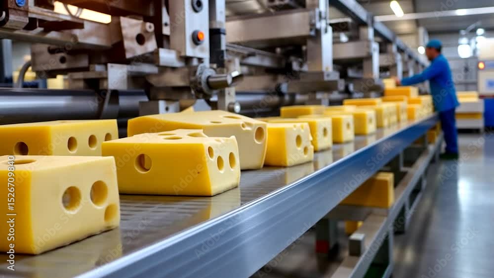 Cheese blocks advance on automated conveyor belt in food factory Cheese blocks advance on automated conveyor belt in food factory
