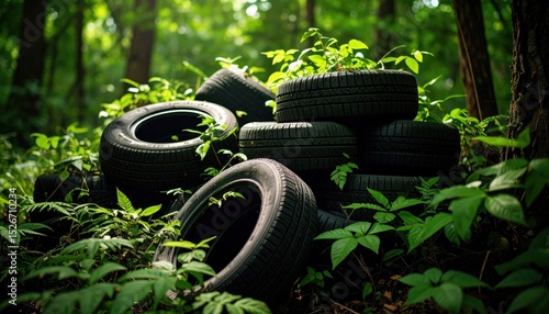 Tires in The Forest: An impactful photograph reveals discarded tires marring a forest landscape, symbolizing environmental damage. The tires, a dark contrast to the green forest.