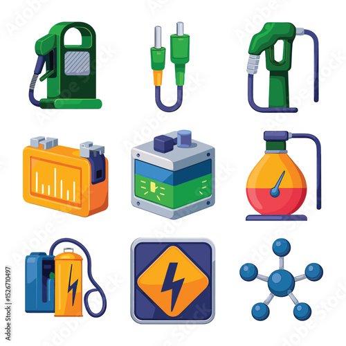 vector icons to vehicle fueling and charging a gasoline pump, an electric vehicle plug hydrogen mole