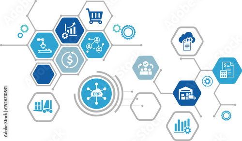 ERP banner. concept for enterprise resource planning with icon of inventory, financials, production, service, purchasing. vector illustration EPS 10.