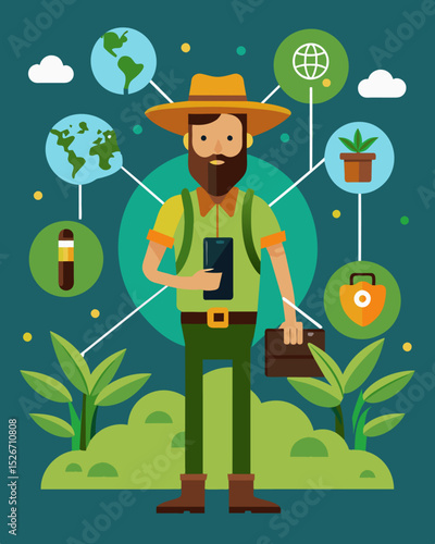 Even amidst the dense rainforest the nomad remains connected to the global community through their work utilizing tingedge technology from their remote location.. Vector illustration