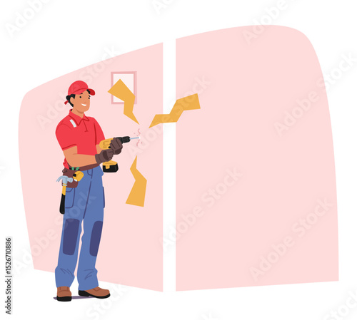 Repairman cartoon character drilling wall of domestic room making unpleasant noise for neighbors