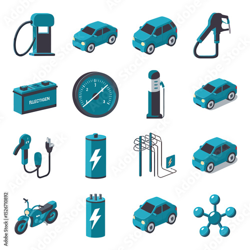vector icons to vehicle fueling and charging a gasoline pump, an electric vehicle plug hydrogen mole