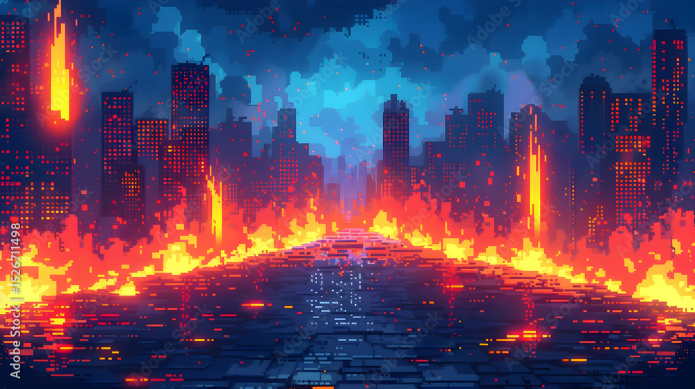 Fototapeta premium Fiery Cityscape at Night: Pixel Art of Burning Buildings and a Destructive Inferno