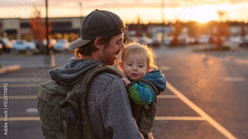 A man carrying his baby in the back of an ultra-photorealistic ond gems back-...