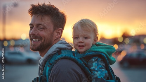 a man carrying his happy toddler in the product photo of gray and navy blue b...