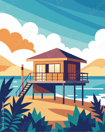 The sound of waves softly crashing against the shore can be heard from the private balcony of the beachfront bungalow.. Vector illustration
