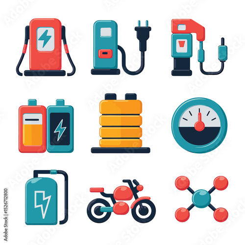 vector icons to vehicle fueling and charging a gasoline pump, an electric vehicle plug hydrogen mole