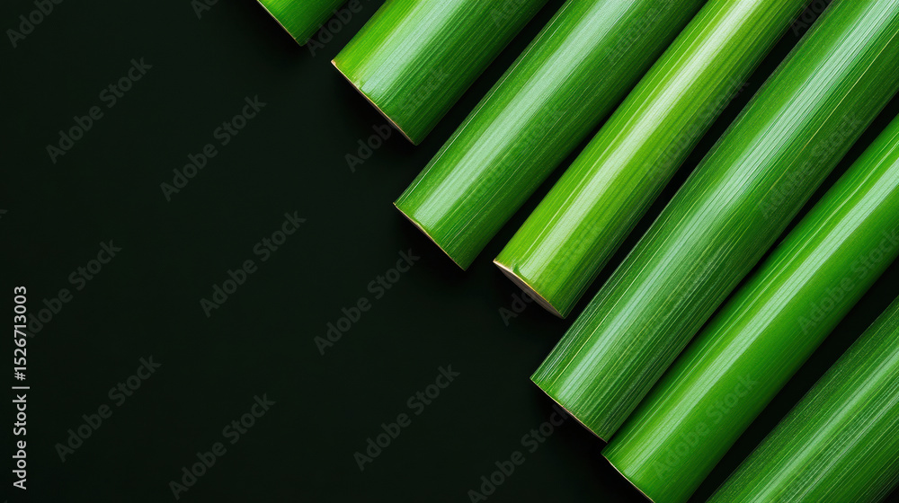 Obraz premium Green Bamboo Stalks on Black: Vibrant green bamboo stalks arranged diagonally against a deep black background, creating a striking contrast and minimalist aesthetic.