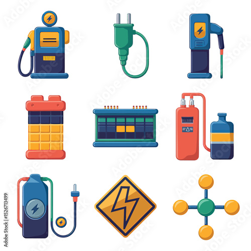 vector icons to vehicle fueling and charging a gasoline pump, an electric vehicle plug hydrogen mole