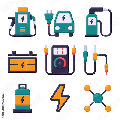 vector icons to vehicle fueling and charging a gasoline pump, an electric vehicle plug hydrogen mole