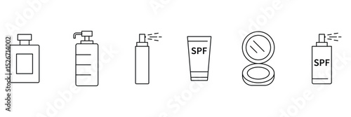 Skincare sunblock cosmetic container spray bottle SPF cream compact lotion dispenser pack icon vector illustration design collection set.