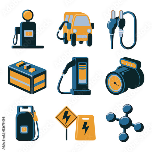 vector icons to vehicle fueling and charging a gasoline pump, an electric vehicle plug hydrogen mole