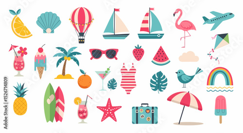 Summer Holiday Vacation Pixelated Icons Set for Graphic Design