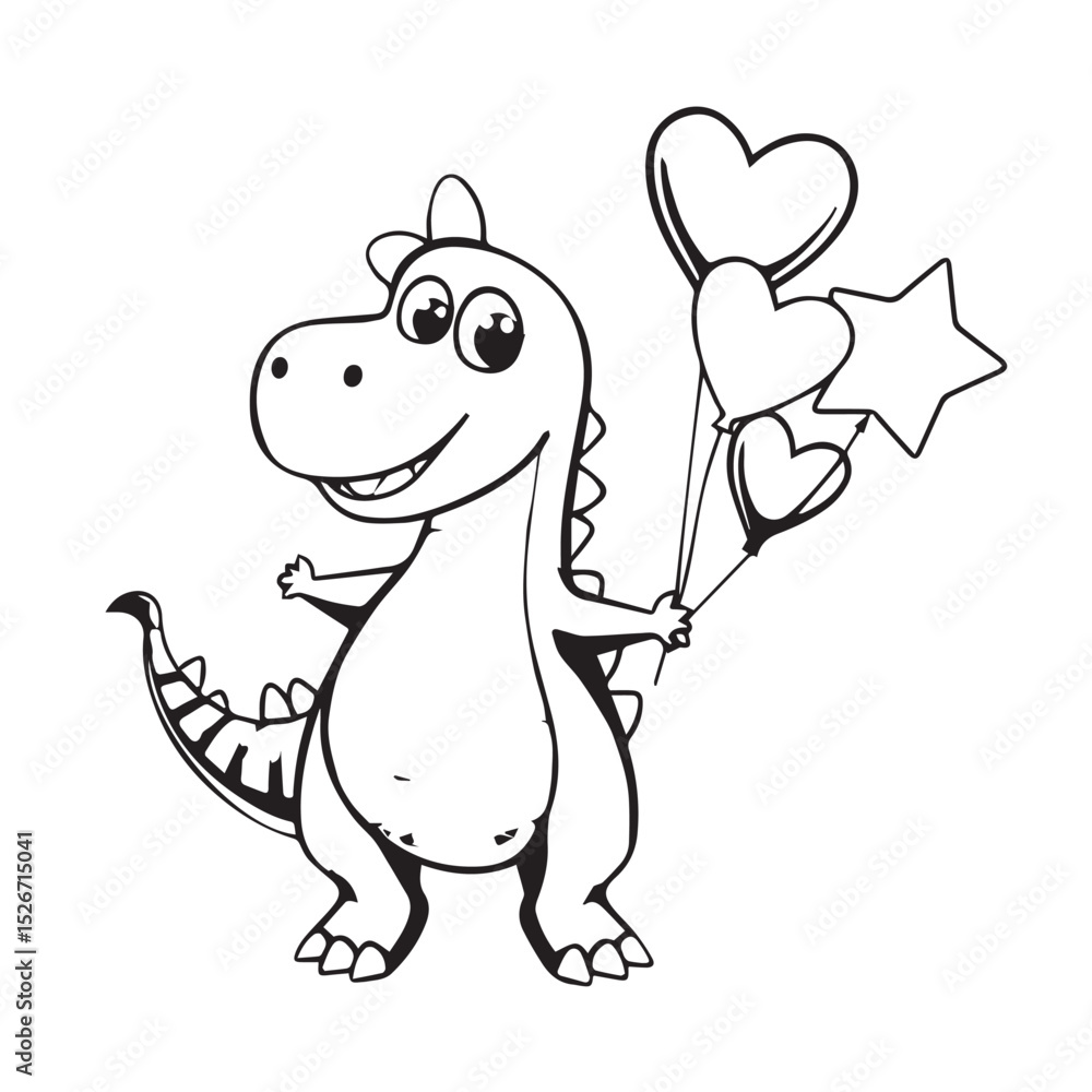 Cute cartoon dinosaur holding heart and star balloons Cute cartoon dinosaur holding heart and star balloons