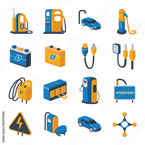 vector icons to vehicle fueling and charging a gasoline pump, an electric vehicle plug hydrogen mole