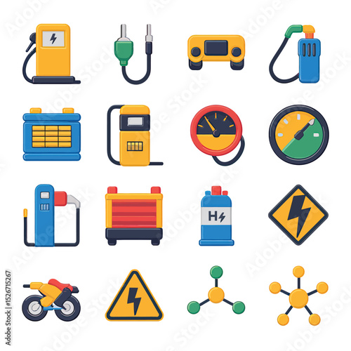 vector icons to vehicle fueling and charging a gasoline pump, an electric vehicle plug hydrogen mole