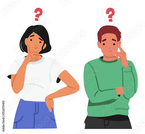 Young man and woman cartoon characters touching cheek thinking having troubles with decision