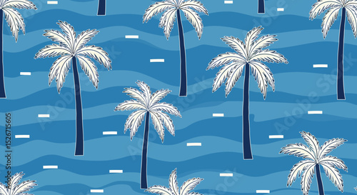Seamless tropical pattern with palm trees on blue background