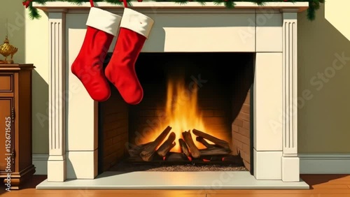 Cozy fireplace with Christmas stockings and warm fire, festive home atmosphere